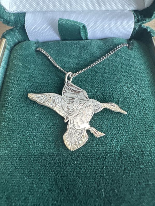 D.U. 97 Sterling Silver Duck Pendant Necklace - Signed - Some Tarnishing