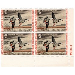 US Federal Duck Stamp 1972-1973 $5 Emperor Geese #RW39 Plate No., Block of 4 Bottom Right. Plate 171864, OG, NH, XF